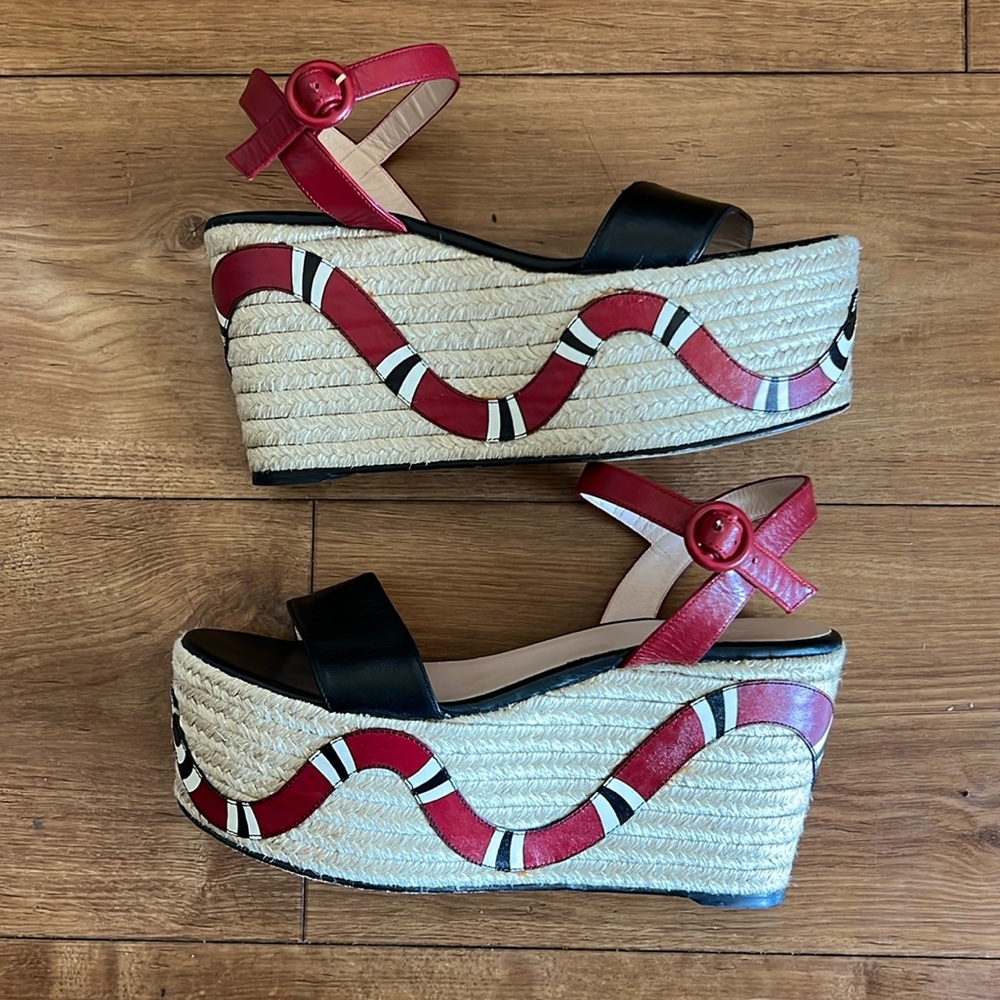 Gucci Black & Res Barbette Leather Snake Platform Espadrille Sandal Wedges